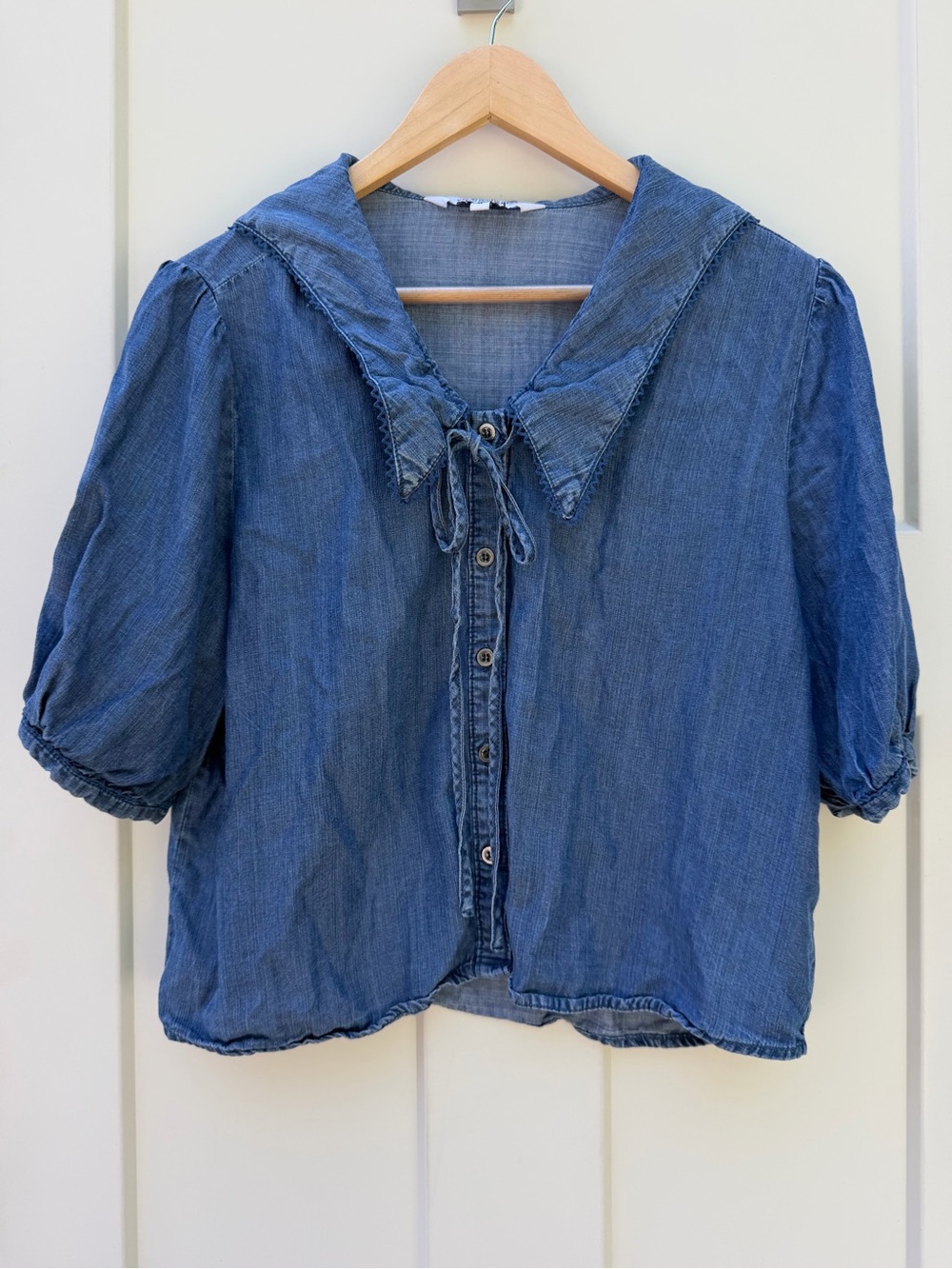 Velvet Heart Denim Puff Sleeve Peter Pan Collar Button-Up Blouse- Medium